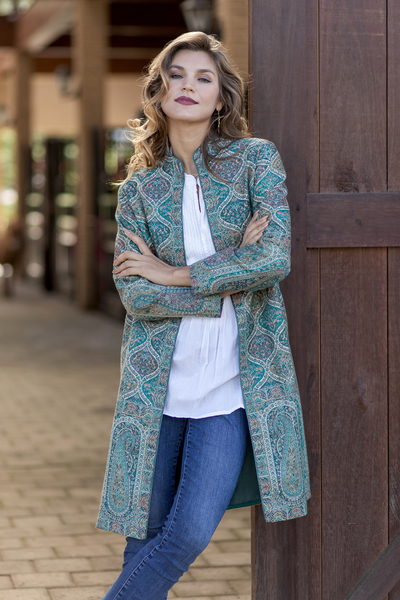 Teal 100% Cashmere Wool Jamawar Jacket from India