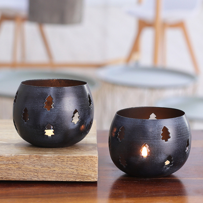 Steel Tealight Candle Holders in Midnight Hues (Pair)