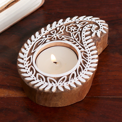 Hand-Carved Mango Wood Paisley Tealight Candle Holder