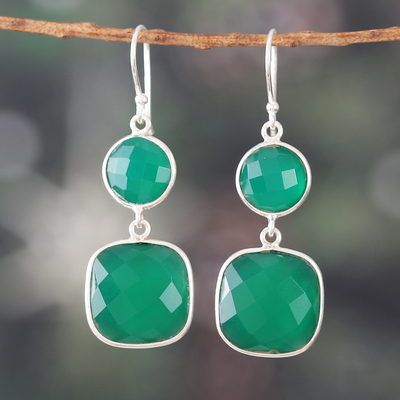 Silver Dangle Earrings with Faceted Green Onyx Stones