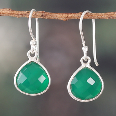 Silver Dangle Earrings with Teardrop Green Onyx Stones