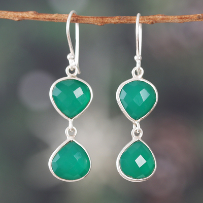 Silver Dangle Earrings with Green Onyx Stones from India