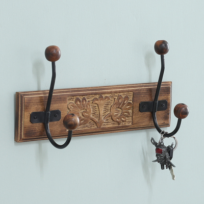 Hand-Carved Beech Wood and Iron Floral Coat Rack from India