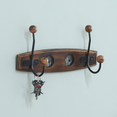 Wood Iron Coat Rack Adorned with Floral Jali-Style Openwork