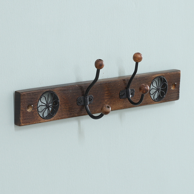 Wood Iron Coat Rack with Floral Jali-Style Openwork Motifs