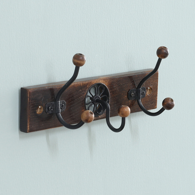 Wood Iron Coat Rack with Floral Jali Style Openwork Accent