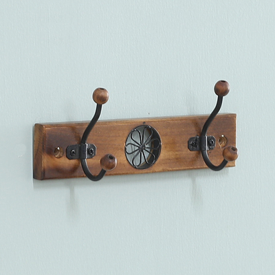 Floral Jali-Style Openwork Beech Wood and Iron Coat Rack