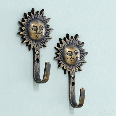 Sun-Themed Antique-Finished Brass Wall Hooks from India