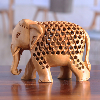 Hand-Carved Jali-Inspired Kadam Wood Elephant Sculpture