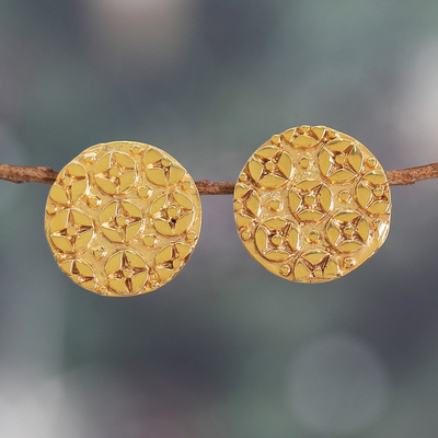 Star-Themed High-Polished Round Brass Button Earrings