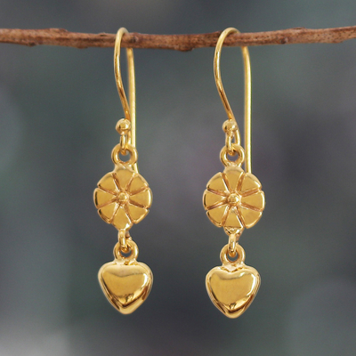 Flower and Heart-Themed Polished Brass Dangle Earrings