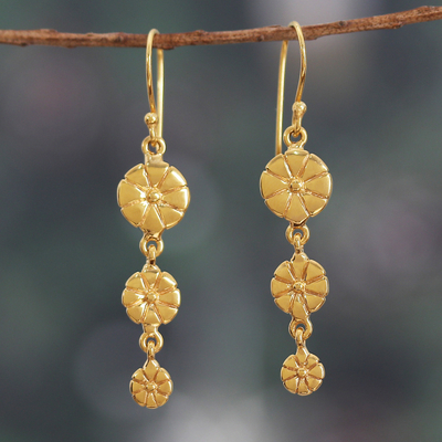 Floral High-Polished Brass Dangle Earrings from India