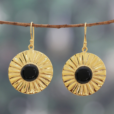 Sun-Themed Polished Brass and Onyx Dangle Earrings