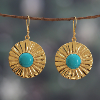 Sun-Themed Brass and Recon Turquoise Dangle Earrings