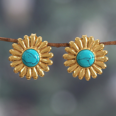 Sunflower-Themed Brass and Recon Turquoise Button Earrings