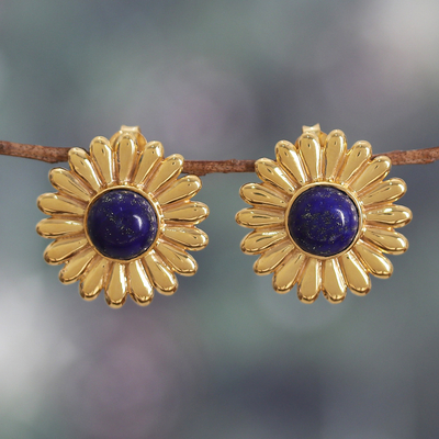 Sunflower-Themed Brass and Lapis Lazuli Button Earrings