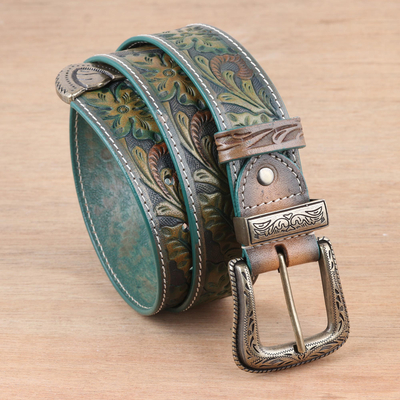 Antiqued Leaf-Themed Embossed Leather and Brass Alloy Belt