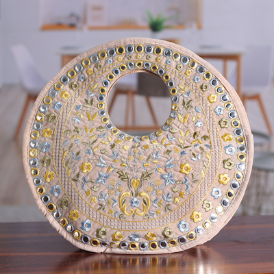 Floral Rayon Embroidered Yellow and Beige Handle Bag