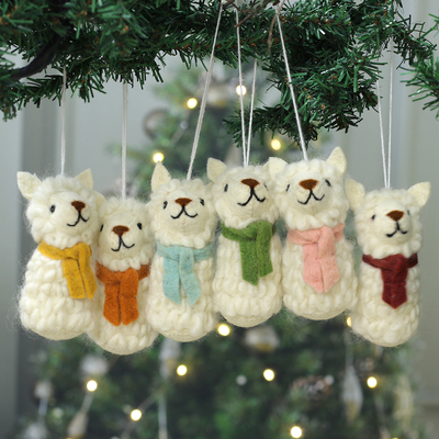 Animal-Themed Set of 6 Assorted Wool Felt Lamb Ornaments