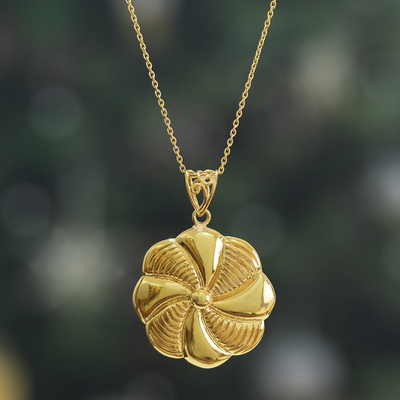High-Polished Floral Brass Pendant Necklace from India