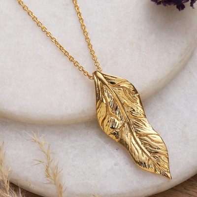 High-Polished Leafy Brass Pendant Necklace from India