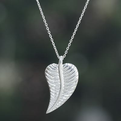 Polished Leaf-Shaped Silver-Plated Brass Pendant Necklace
