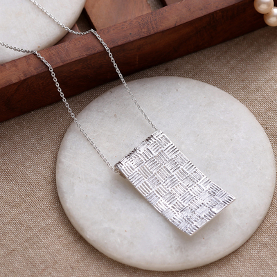 Basketweave-Patterned Silver-Plated Brass Pendant Necklace