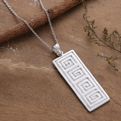 Classic Greca-Patterned Silver-Plated Brass Pendant Necklace