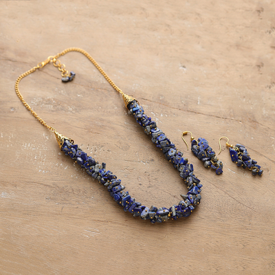 Gold-Toned Lapis Lazuli Necklace and Earrings Jewelry Set