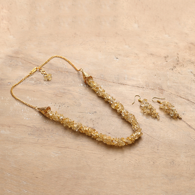 Gold-Toned Citrine Beaded Necklace and Earrings Jewelry Set