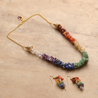 Gold-Toned Multi-Gemstone Necklace and Earrings Jewelry Set