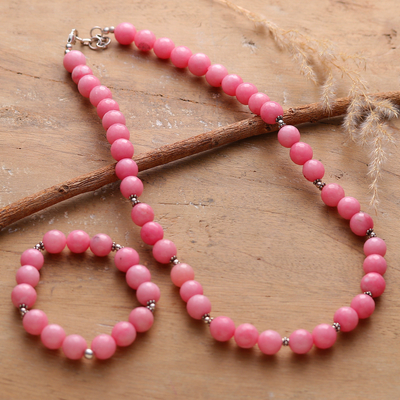 Pink Agate Beaded Necklace and Bracelet Jewelry Set