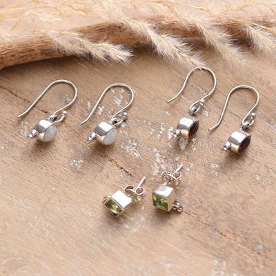 Set of 3 Peridot, Garnet and Rainbow Moonstone Earrings