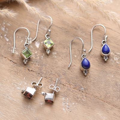 Set of 3 Peridot, Garnet and Lapis Lazuli Earrings