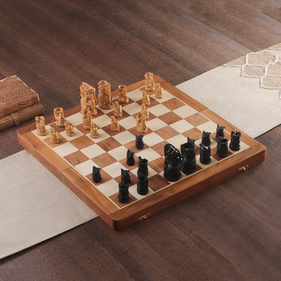 Hand-Painted Brown and Black Wood Chess Set from India