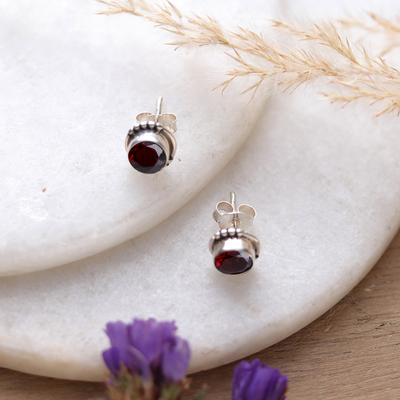 Garnet and Sterling Silver Stud Earrings with Dot Accents