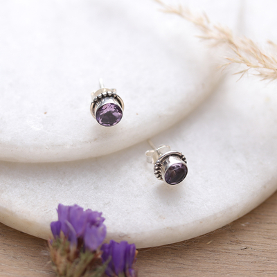 Amethyst and Sterling Silver Stud Earrings with Dot Accents