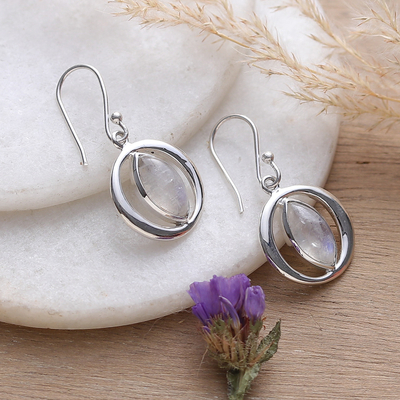 Sterling Silver and Rainbow Moonstone Orb Dangle Earrings