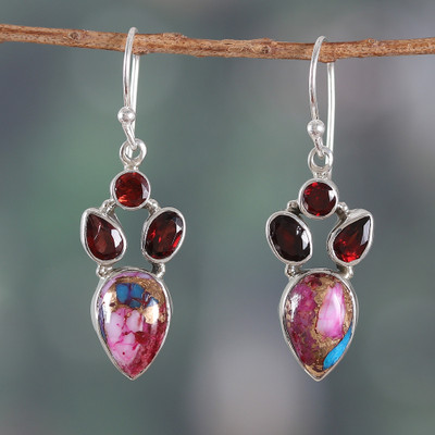 Garnet and Composite Turquoise Dangle Earrings from India
