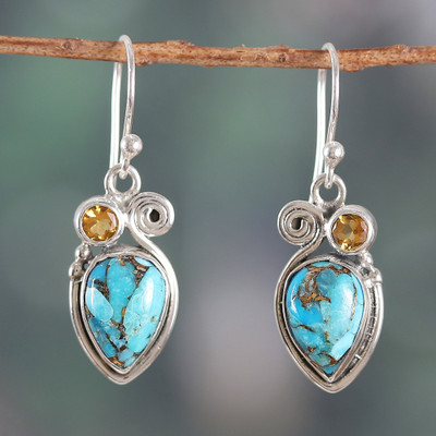 Citrine and Composite Turquoise Dangle Earrings from India