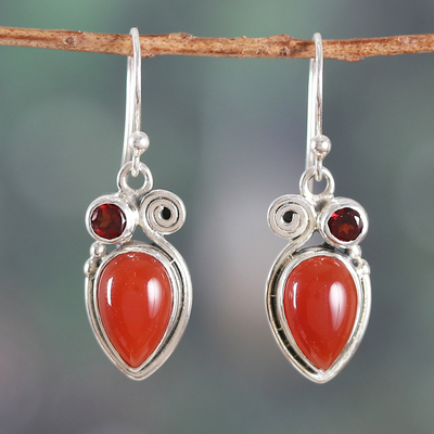 Carnelian and Garnet Dangle Earrings from India