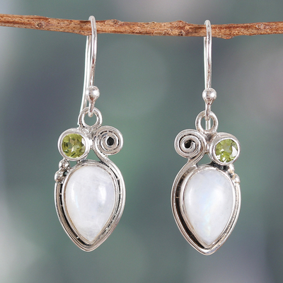 Rainbow Moonstone and Peridot Dangle Earrings from India