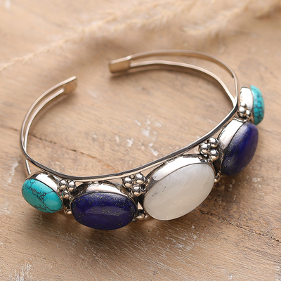 Calcite Lapis Lazuli and Rainbow Moonstone Cuff Bracelet