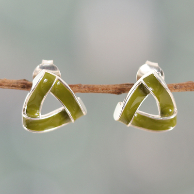 Abstract-Themed Green Sterling Silver Button Earrings