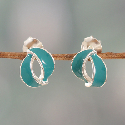 Abstract-Themed Blue Sterling Silver Button Earrings