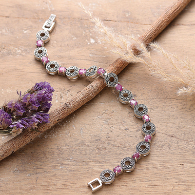 Faceted 4-Carat Marcasite and Ruby Link Bracelet from India