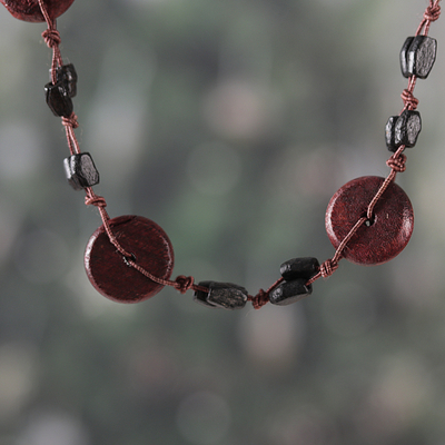 Hand-Carved Brown Wood Beaded Long Necklace from India