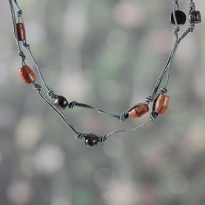 Hand-Carved Brown and Blue Wood Beaded Long Station Necklace