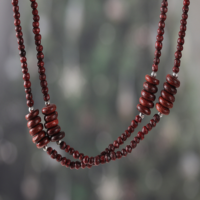 Hand-Carved Wood Beaded Long Station Necklace in Brown Shade