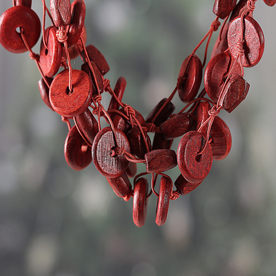 Hand-Carved Wood Beaded Statement Necklace from India in Red